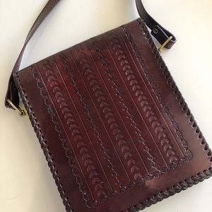 Hand tooled leather crossbody bag, dark brown